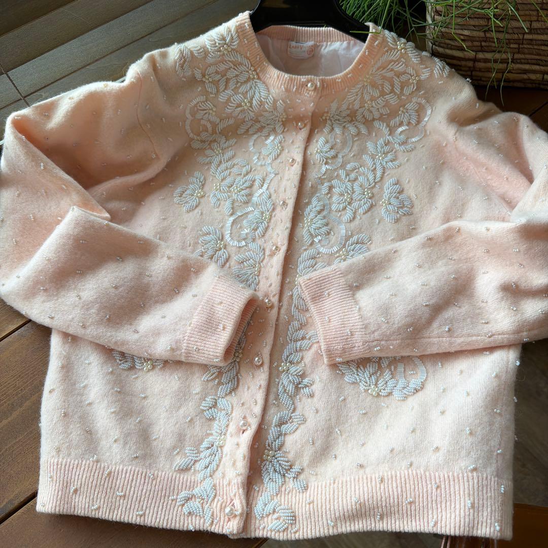 50s60s 香港製　ヴィンテージ ビーズ刺繍カーディガン　パール装飾　ニット