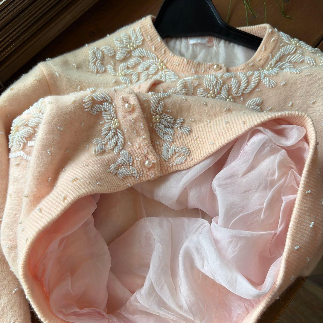 50s60s 香港製　ヴィンテージ ビーズ刺繍カーディガン　パール装飾　ニット