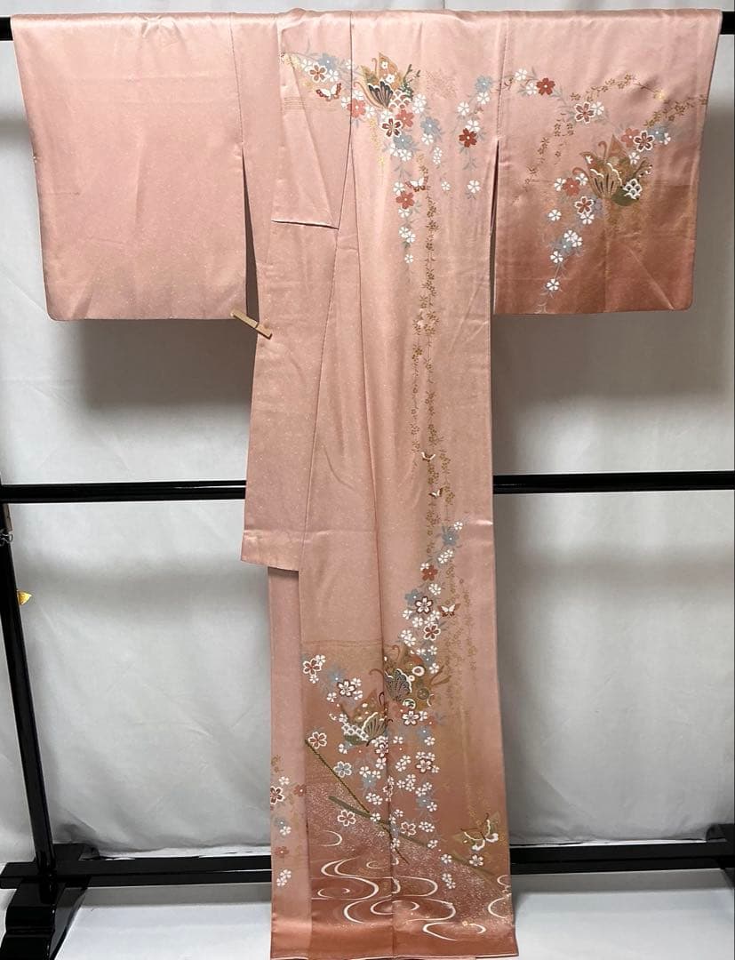 b183 正絹　袷　訪問着　蝶　金箔　極美品　トールサイズ　着物