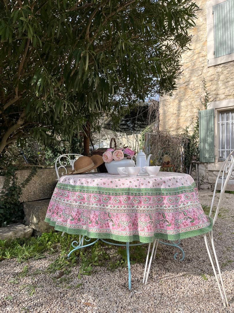 ◆フランスアンティーク｜プロヴァンス柄テーブルクロス円形ピンク