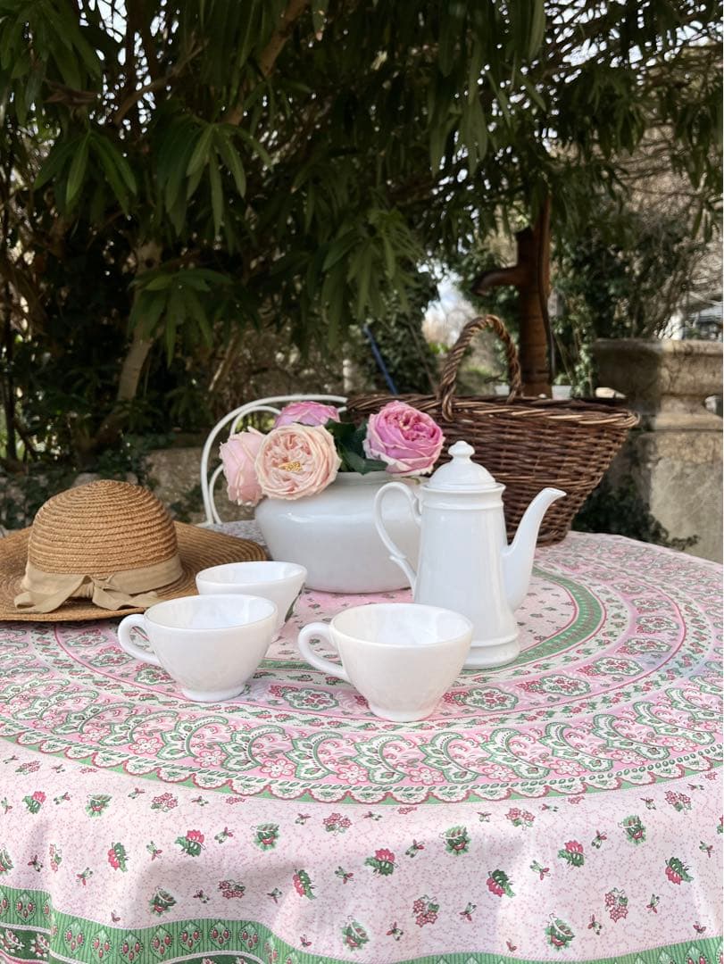 ◆フランスアンティーク｜プロヴァンス柄テーブルクロス円形ピンク