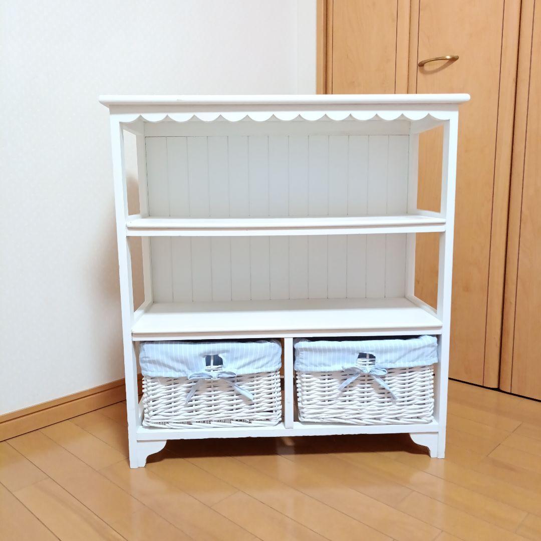 バスケット付3段フリルキャビネット　フレンチカントリー　可愛い　収納　木製　白