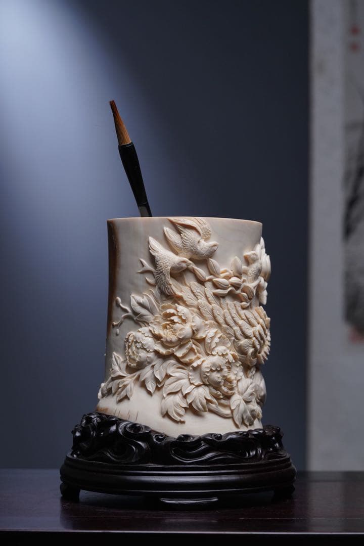 天然マンモス牙美しい手作り彫刻 鳳凰 筆筒