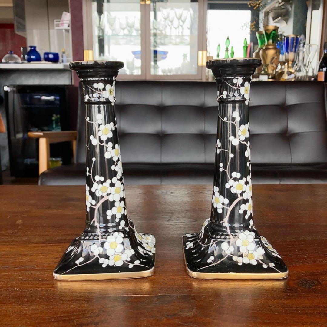 オールドノリタケ 手彩絵黒地梅文 アンティーク燭台 金縁 アンティーク