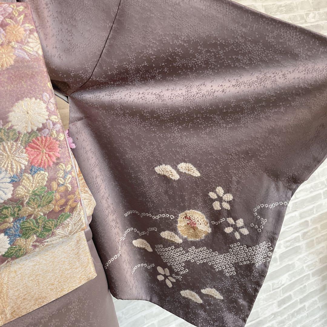 訪問着　フルセット　雪輪　松と梅　鹿の子絞り　金彩加工　手刺繍　着物　Q5