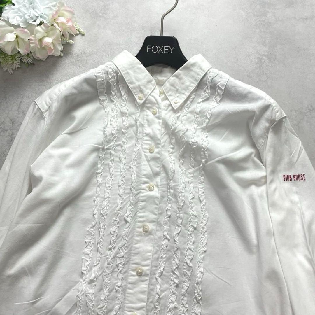 お洒落✨ピンクハウス ブラウス シャツ ピコフリル ロゴ刺繍 白 ホワイト 長袖
