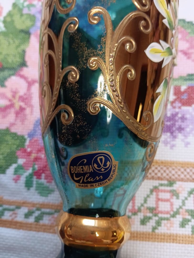 ボヘミアングラス　 花瓶 青・金・茶