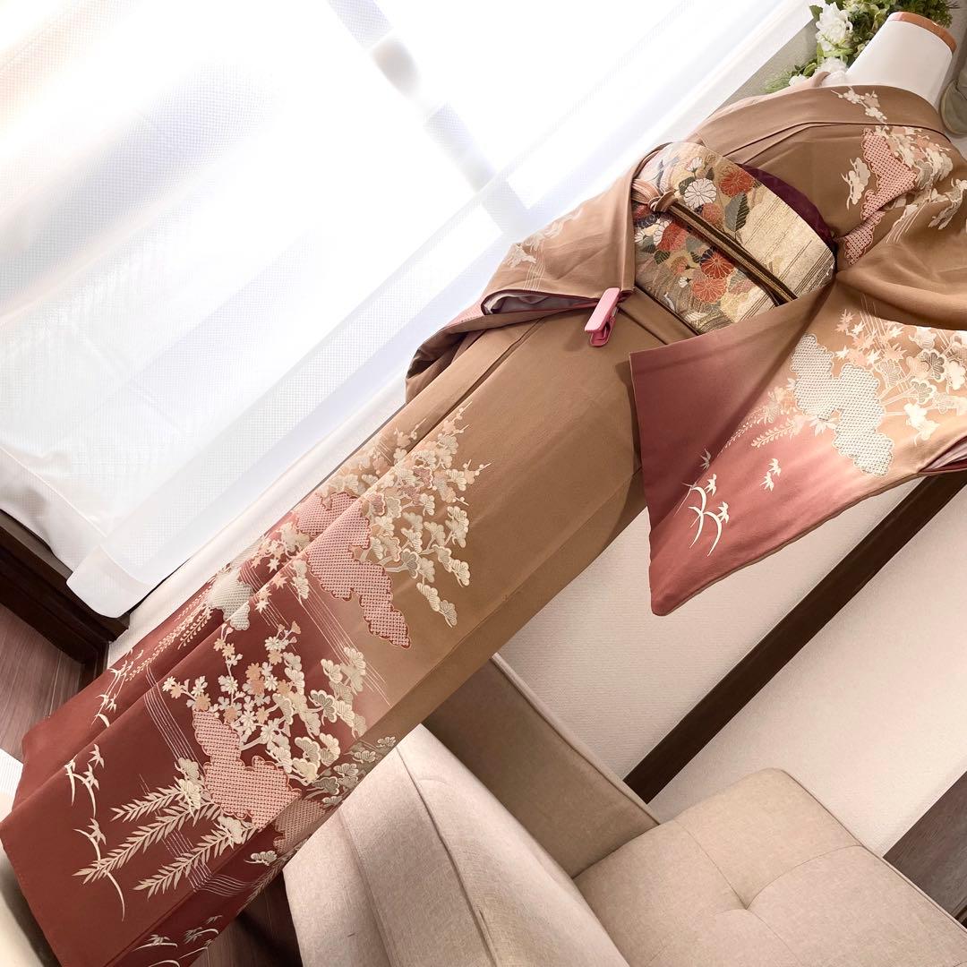 茶色 友禅 4点 フルセット 訪問着 入学式 卒業式 入園式 春 秋 冬