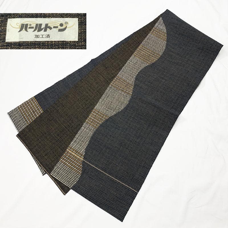 512mn75◇紙布 絹 揺らぎ曲線 金糸 名古屋帯◇美品