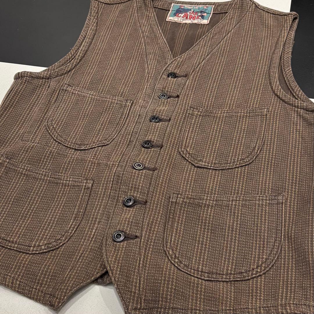 美品 SUGAR CANE ブラウン ストライプ チェック ワーク ベスト 38