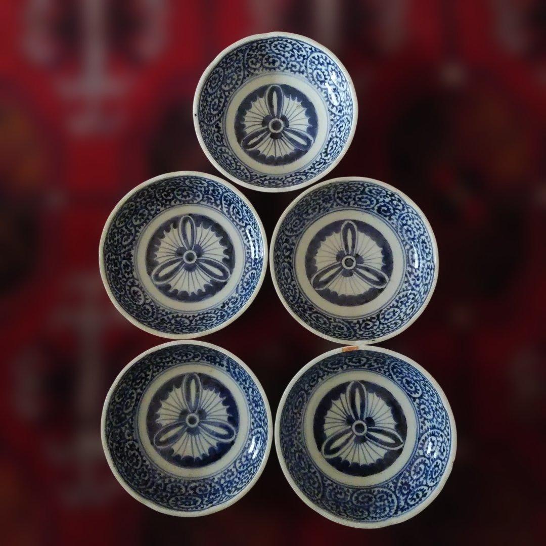 古伊万里 染付 蛸唐草文皿 五客 なます皿 くらわんか 筒江窯 アンティーク