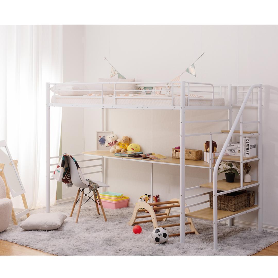 【マットレス付き】ロフトベッド 階段付き パイプベッド シングル コンセント付き