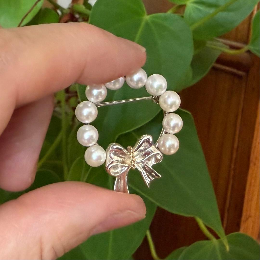 ティファニー925/750アコヤパールリボンリースブローチ　共箱付き