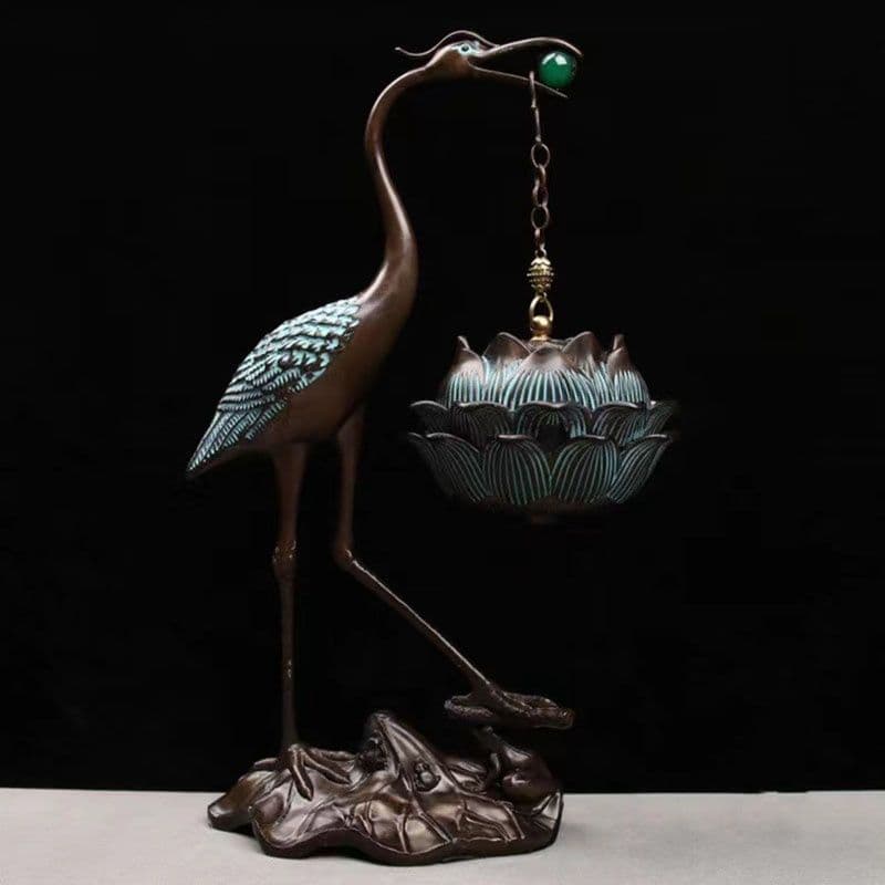 銅 細工 鶴蓮華薫製香炉 炉弔り 執務室 応接間 茶室 書斎薫香炉 工芸品 置物