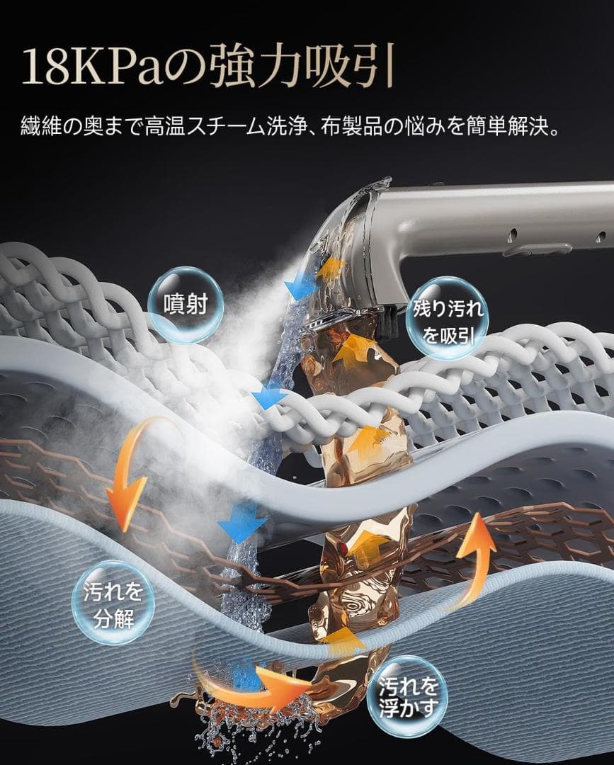100℃蒸気 60℃加熱 18000Pa 超強吸引力 スチームクリーナー 加熱式