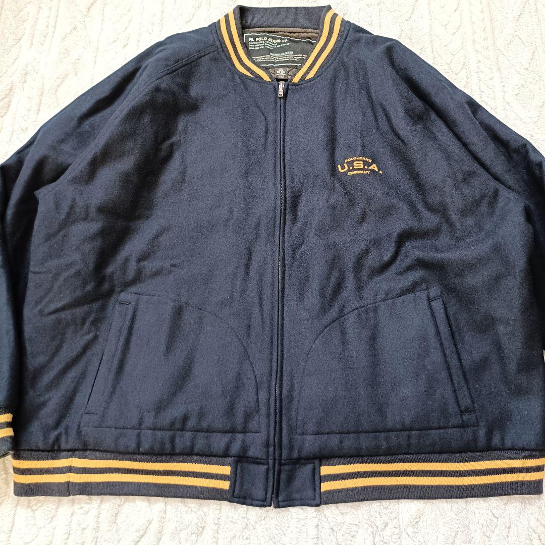90s ラルフローレン POLO JEANS ウールスタジャン 紺 XXL