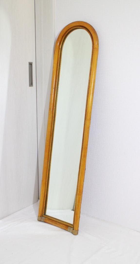 籐ラタン 大型ミラー 鏡 壁掛け アーチ型 全身 姿見 アンティーク