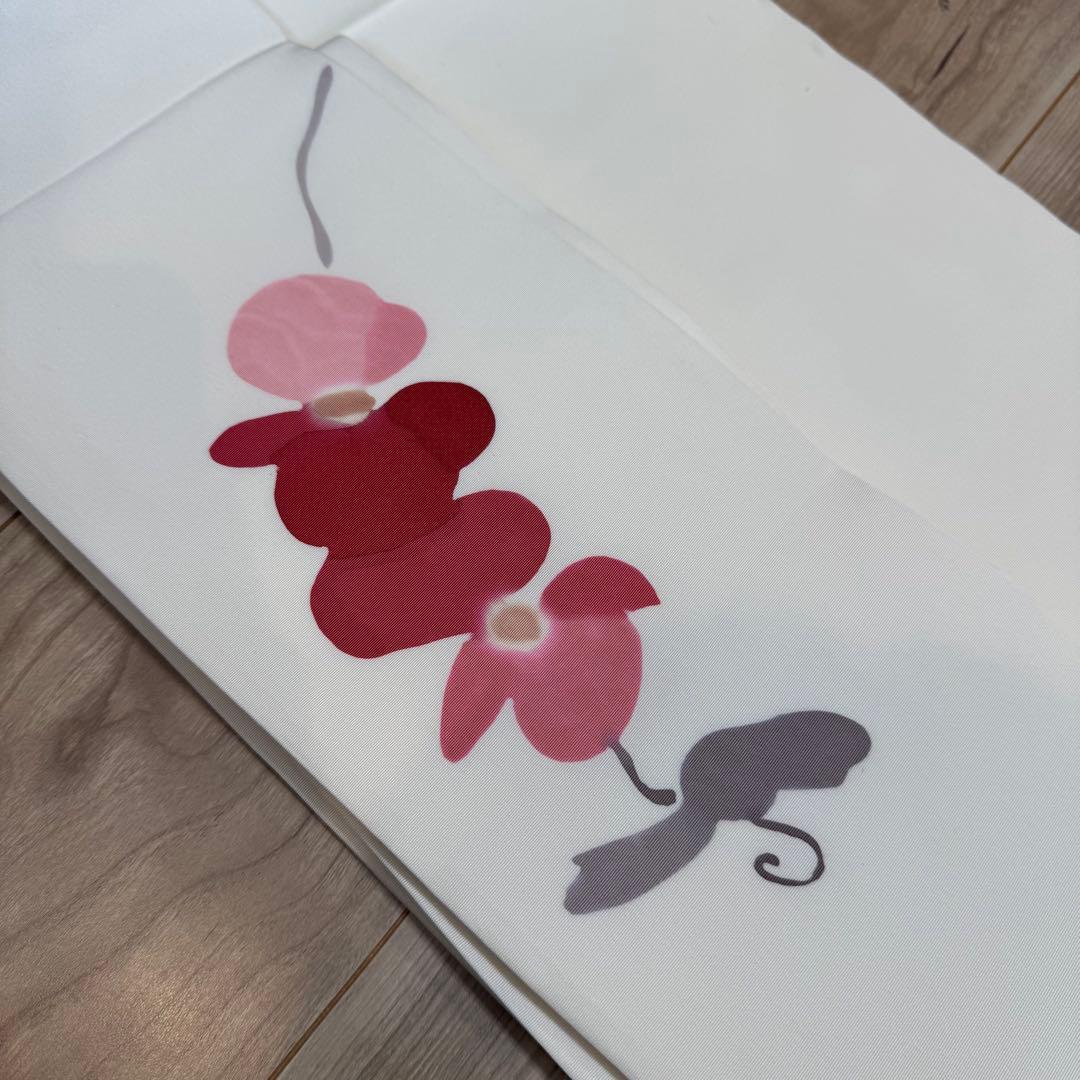 超美品　正絹　九寸　名古屋帯　着物　高久空木　白　赤　ピンク　蘭　374