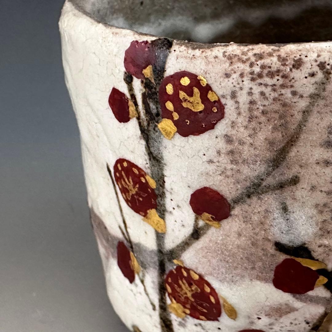 茶道具　紅白梅　茶碗　虎溪山　水月窯　荒川武夫　共箱　抹茶　多治見　陶芸　春