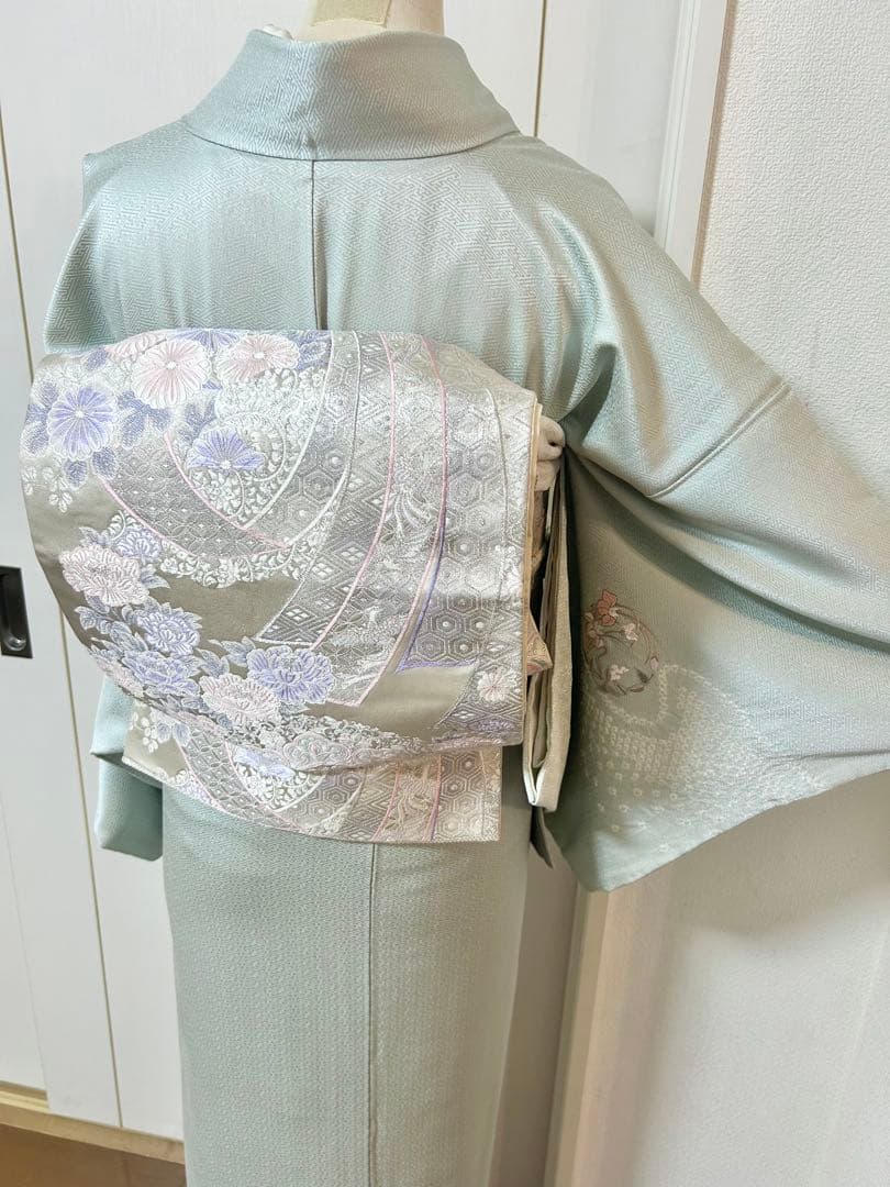 美品　水色　汕頭刺繍　正絹訪問着　フルセット4点　卒業式　入学式　七五三