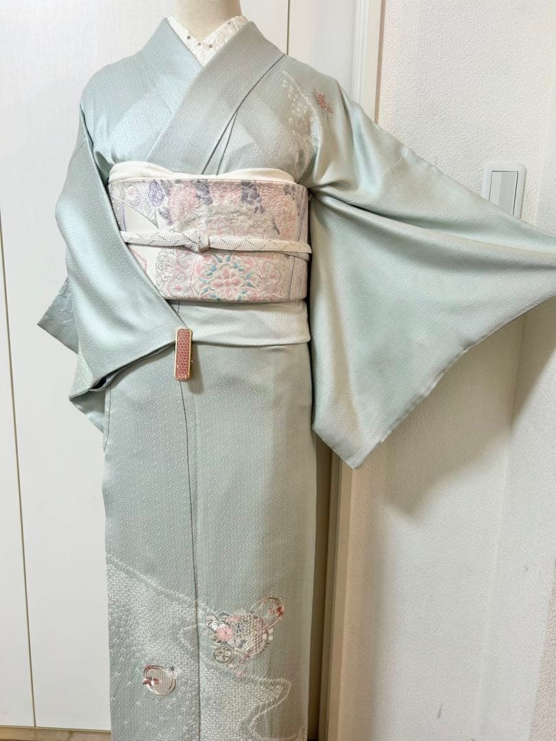 美品　水色　汕頭刺繍　正絹訪問着　フルセット4点　卒業式　入学式　七五三