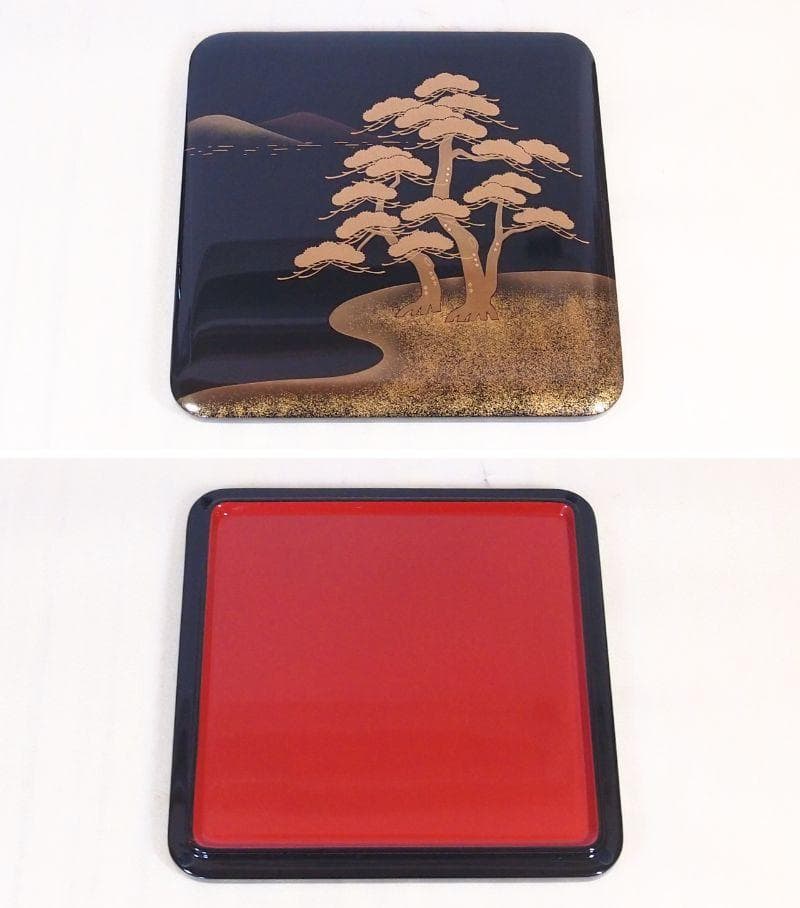 【未使用】輪島塗 松島蒔絵 三段重箱 重台付き 老松/山水 お重/弁当箱 漆器