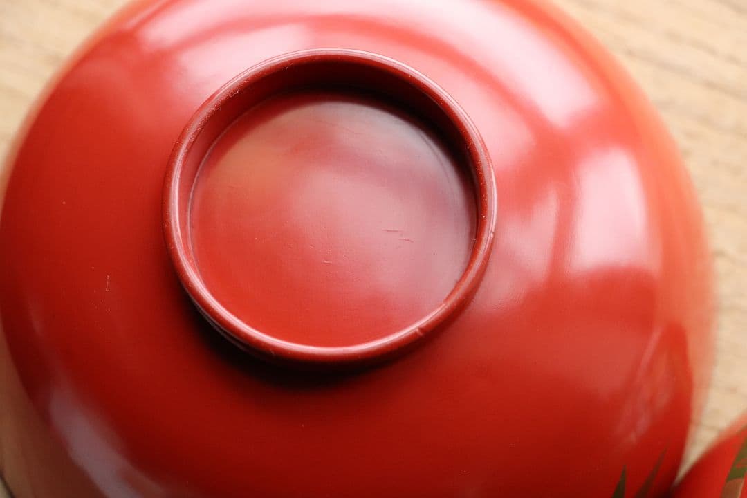 CG34 輪島塗 時代木製漆器 竹笹蒔絵 朱塗御吸物椀 五客 / 伝統漆芸茶懐石