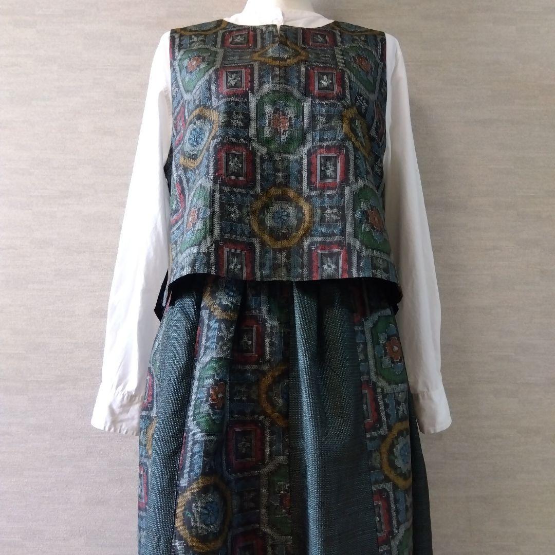 楊貴妃　2026F 021　着物リメイク　2つの緑の大島紬　セットアップ