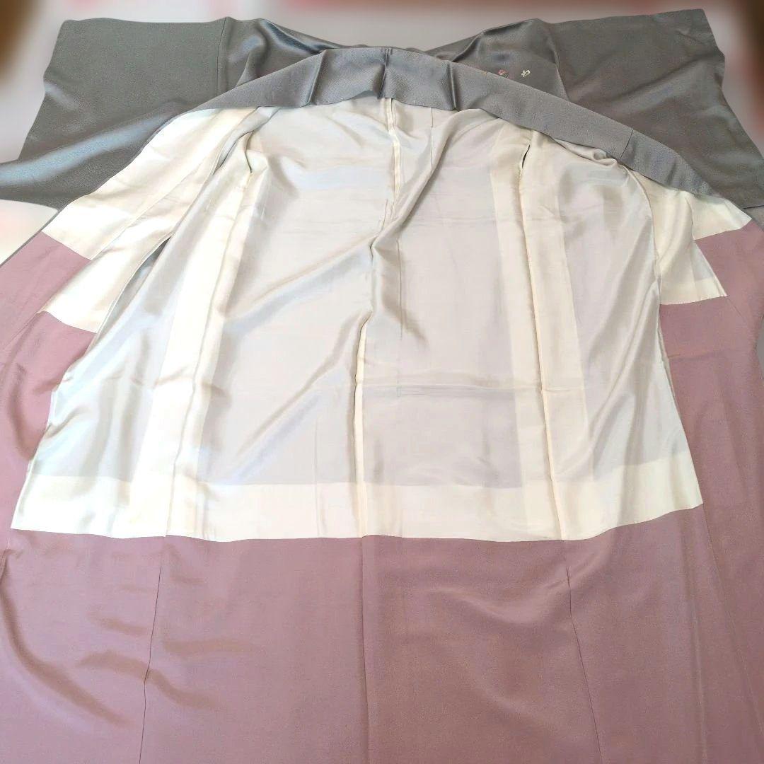 主役を引き立てる清楚な付下げ訪問着　色無地　2点セット　花刺繍　袋帯　正絹　灰色