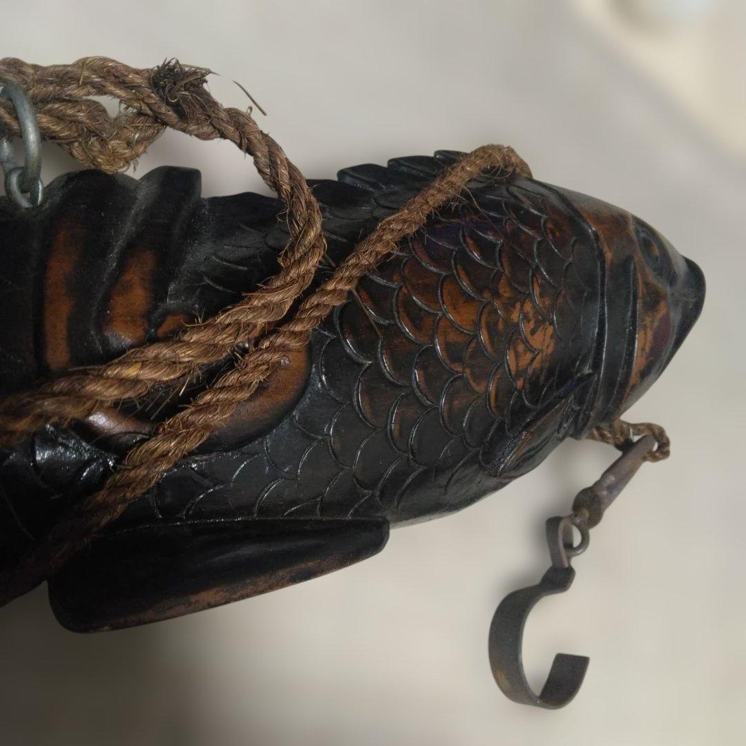 時代物 木製／自在鉤 魚 鯉 横木 全長47cm 囲炉裏 古民芸