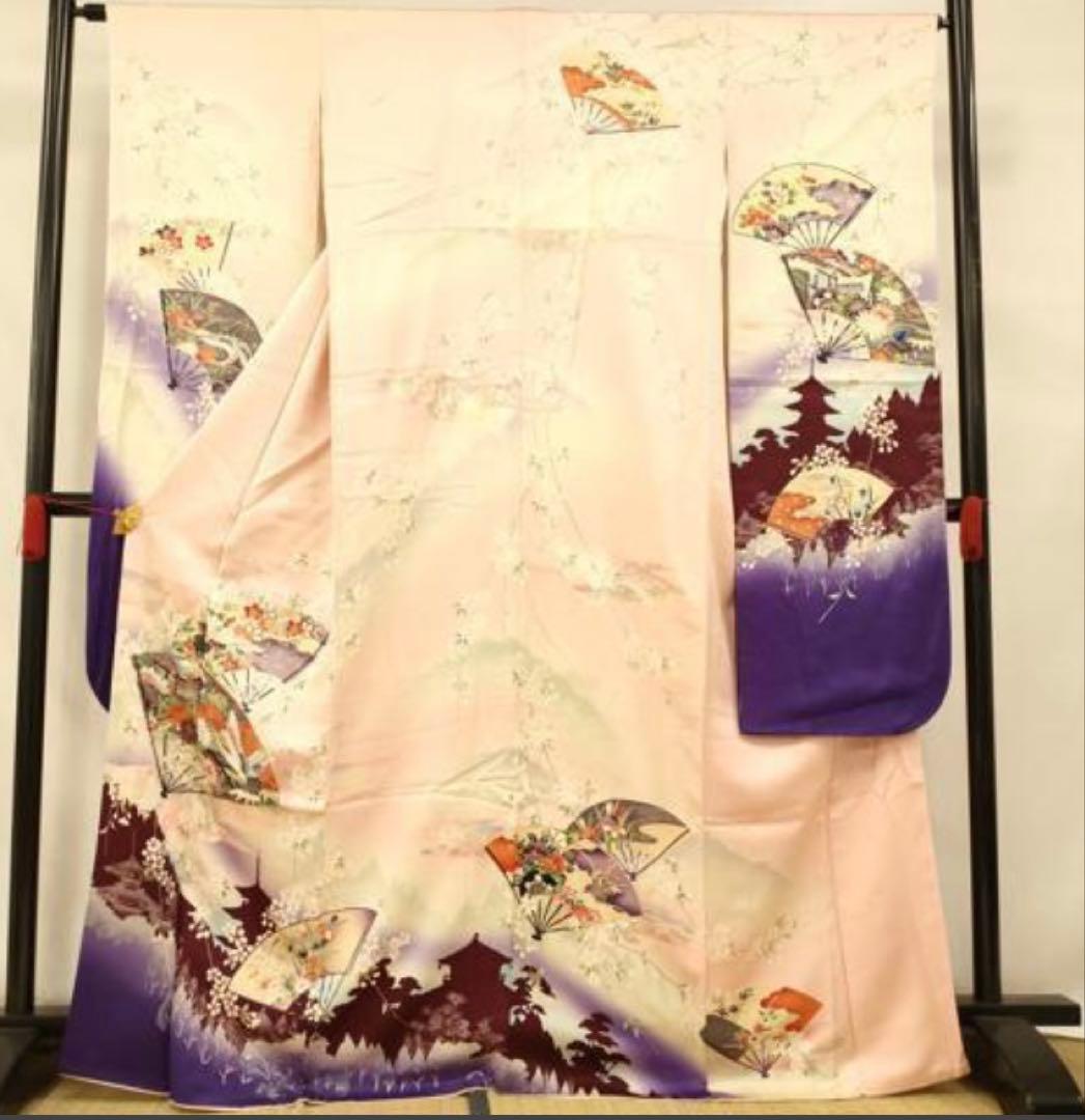 振袖 フルセット6点サイズM〜Ｌ扇子御所車鶴文　暈し染め　金糸　銀彩　正絹