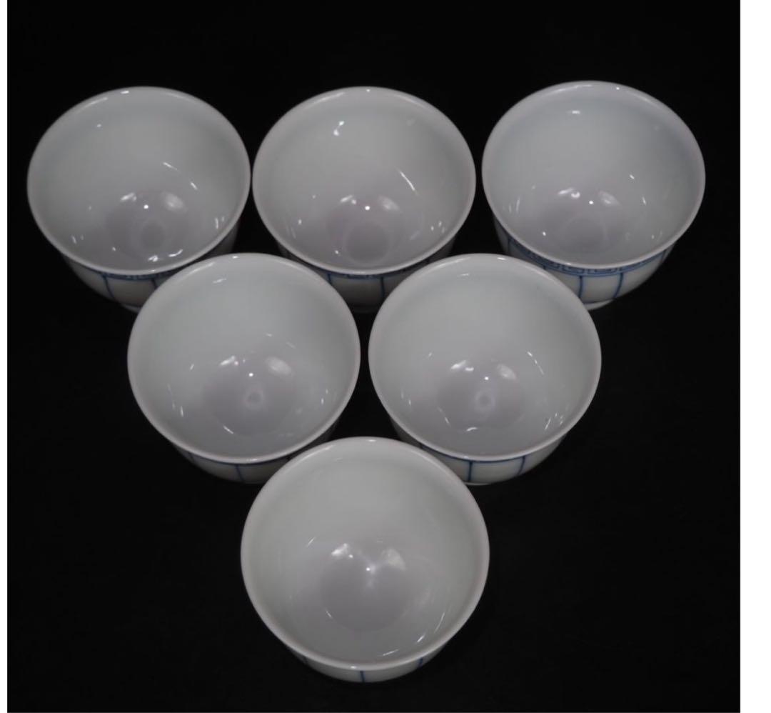 送料無料　京焼　平安和峰造　総手描き青華煎茶碗6客　未使用　煎茶道具