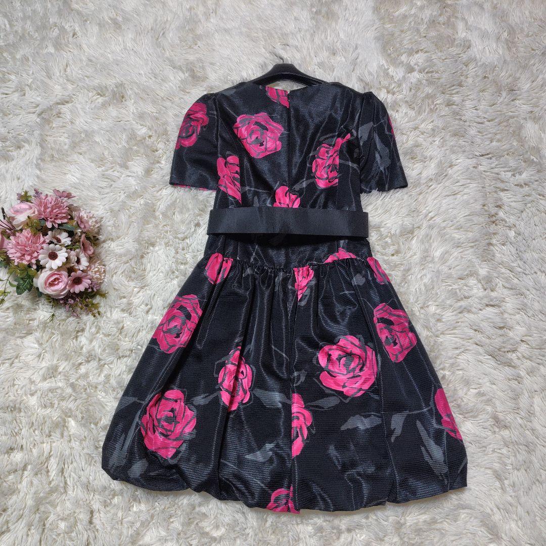 【美品♡ふんわりバルーン】エムズグレイシー　ローズ×リボンベルトワンピース　黒