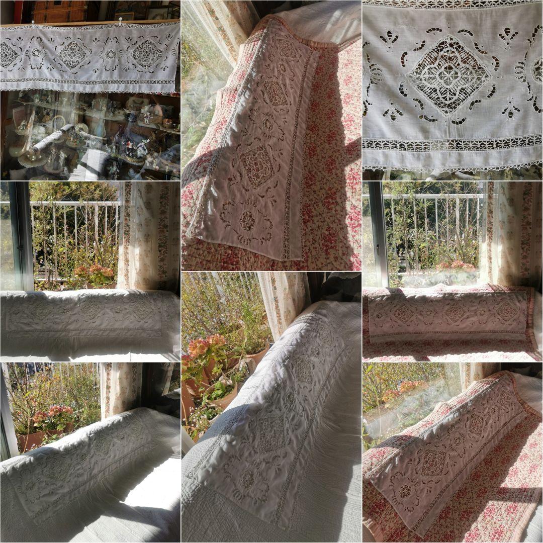 アンティーク 蜜蜂と蓮と葉のオープンカットワーク ボビンレースとろみリネンパネル