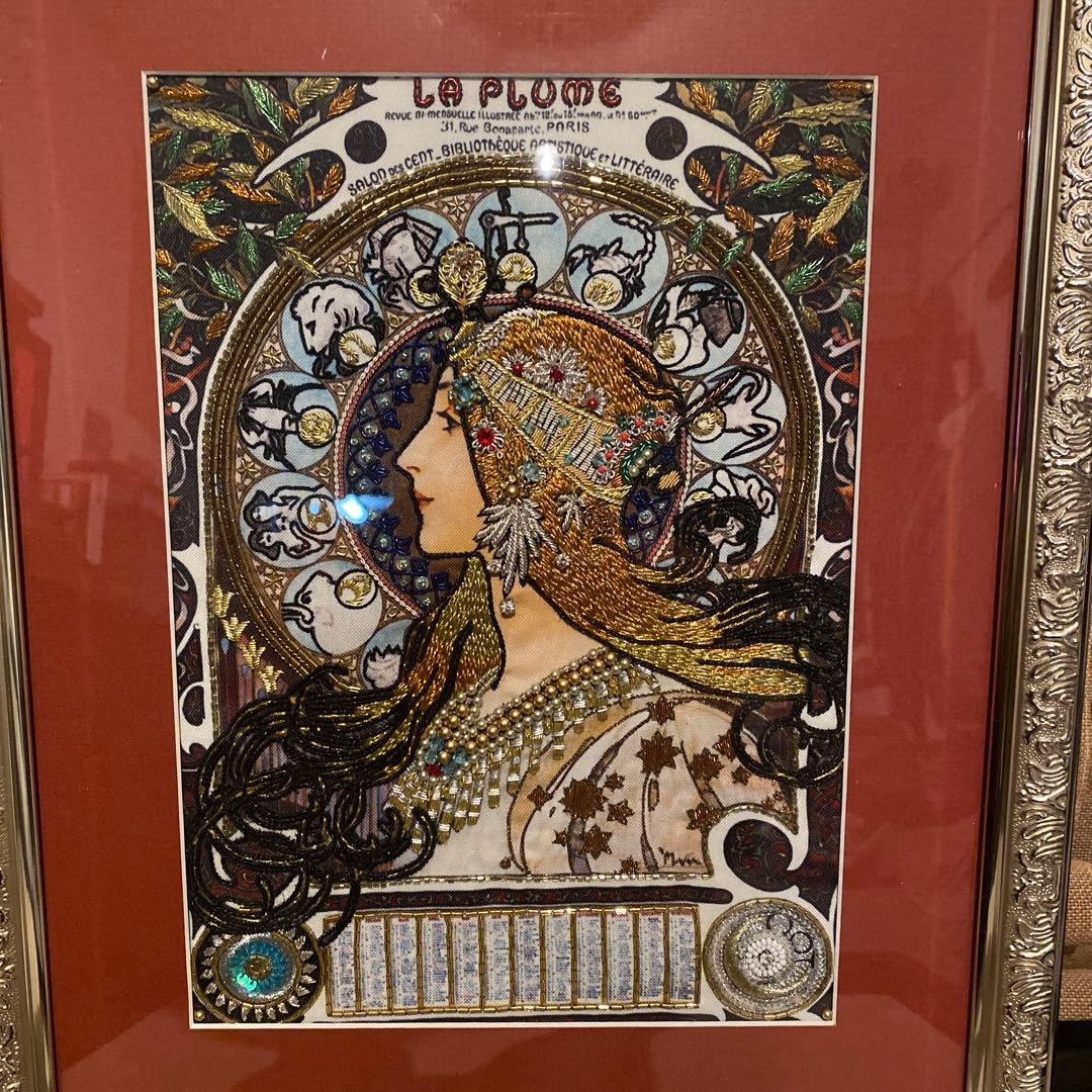 手刺繍　絵画　アルフォンスミュシャ