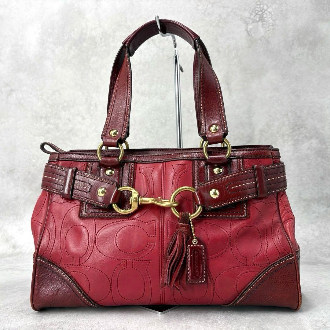 【美品】コーチ シグネチャー オールレザーハンドバッグ ホースビット タッセル