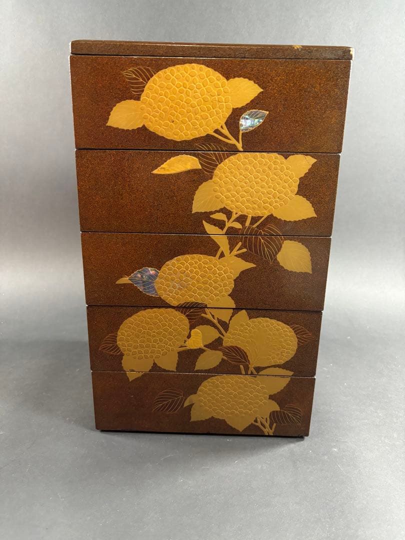 セール　輪島塗　極上　重箱　螺鈿　蝶　紫陽花　梨地　蒔絵　漆器