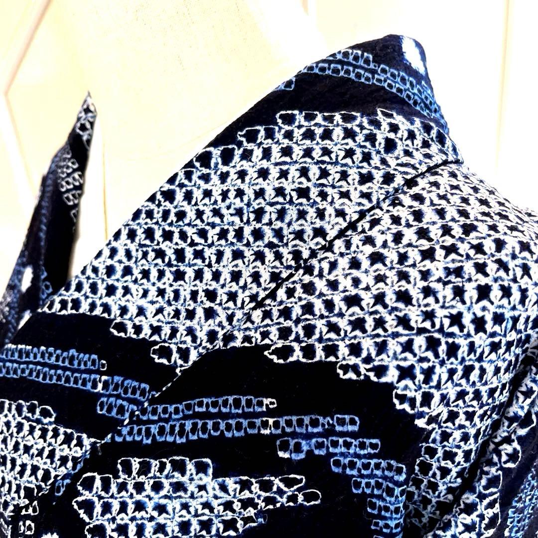 有松鳴海絞り 唐草模様 広襟そう手縫い仕立て 濃紺×ブルー 洗い済み 美品S