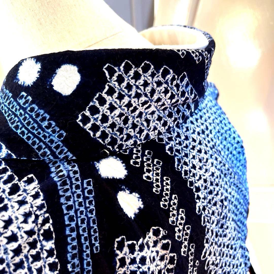 有松鳴海絞り 唐草模様 広襟そう手縫い仕立て 濃紺×ブルー 洗い済み 美品S