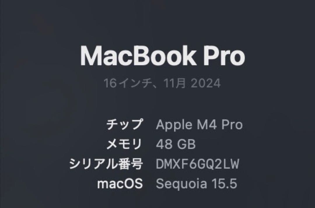MacBookPro M4pro 48GBメモリ512GB スペースグレー