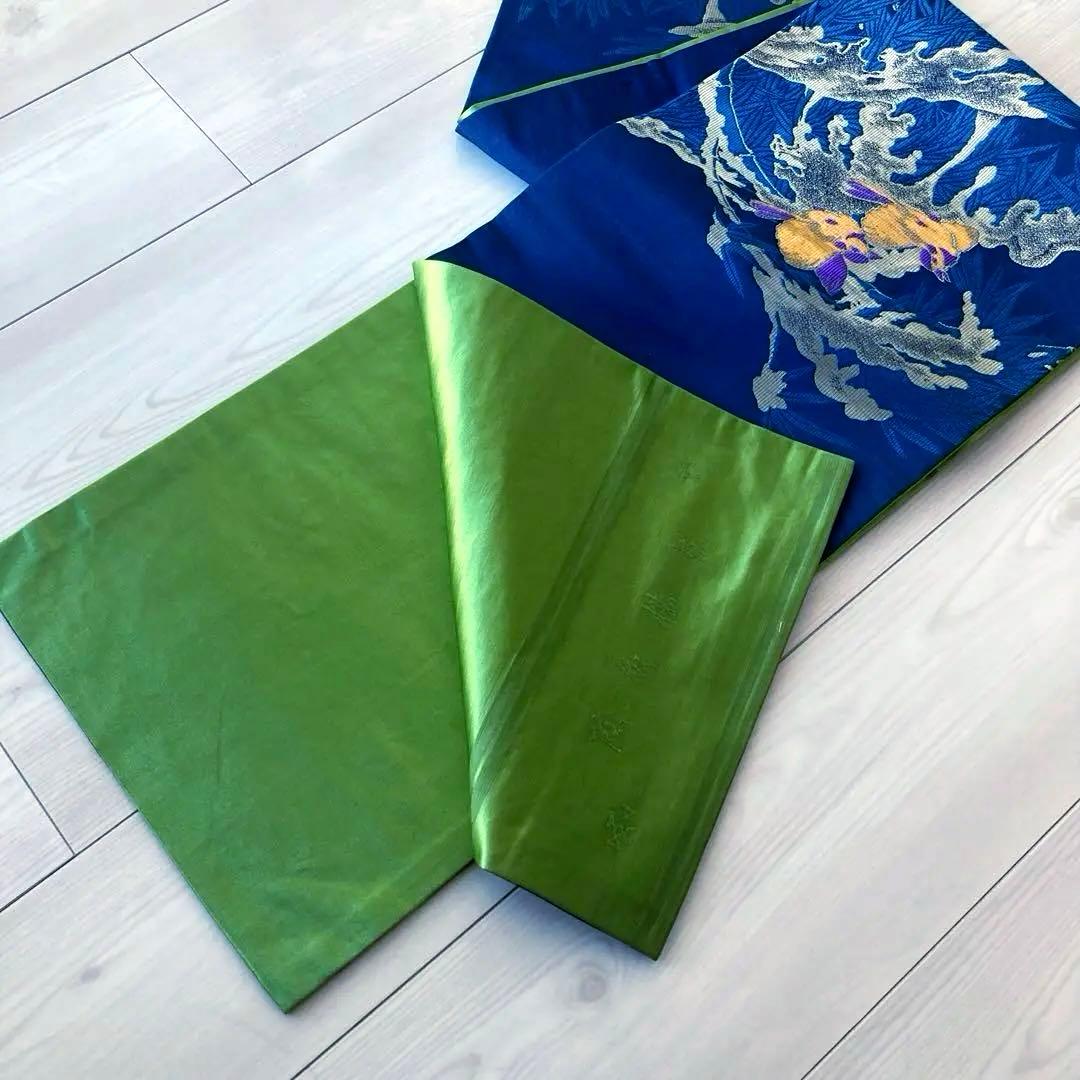 アンティーク京袋帯　小鳥の織り出し　青紺色　大正ロマン　昭和レトロ　N7-25