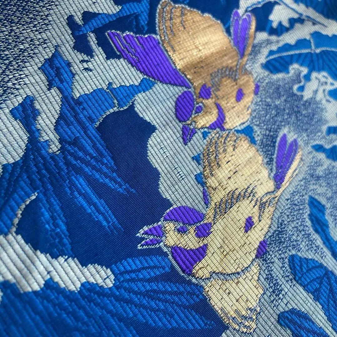 アンティーク京袋帯　小鳥の織り出し　青紺色　大正ロマン　昭和レトロ　N7-25