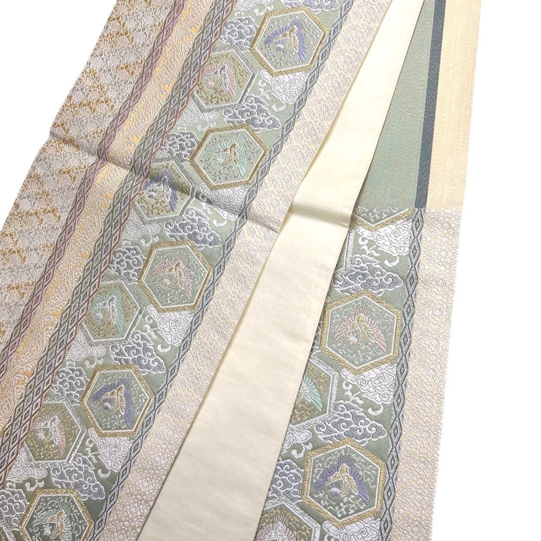 袋帯　縦縞　亀甲　鳳凰　花青海波　波　菱　雲　着物　104a d