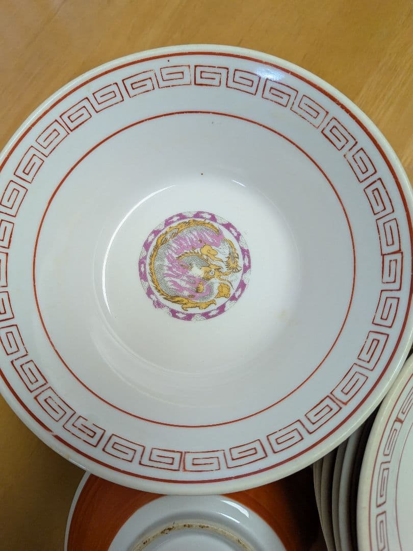 超レトロな赤巻×龍のラーメン丼13枚セット/大清乾隆年製の刻印あり/町中華