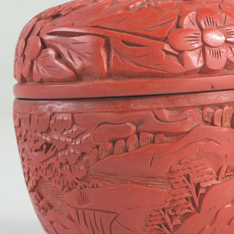 中国　剔紅　堆朱　花草山水刻　棗　時代箱　V　9767