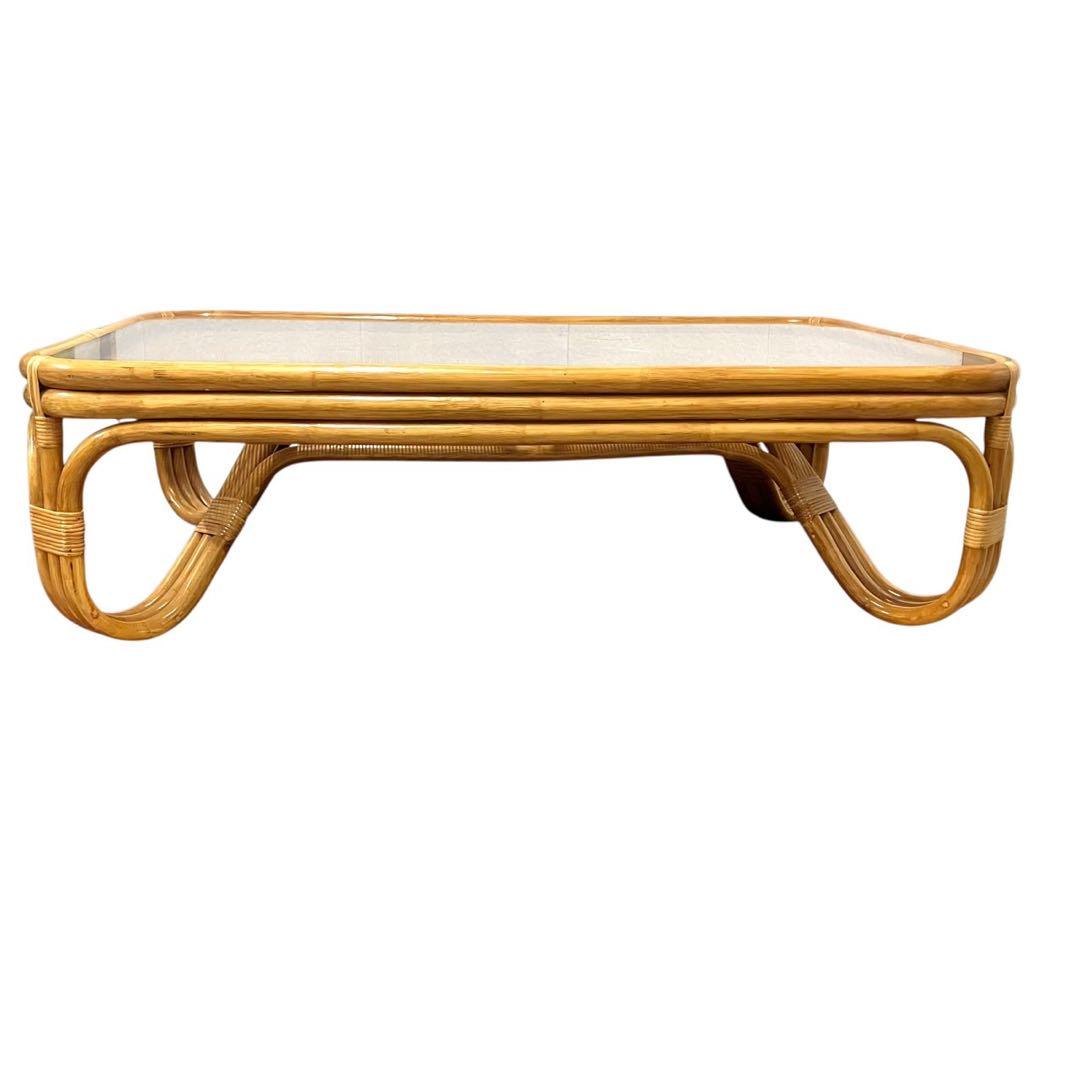 ラタン ガラス天板 ローテーブル 籐 ヴィンテージ ナチュラル センターテーブル