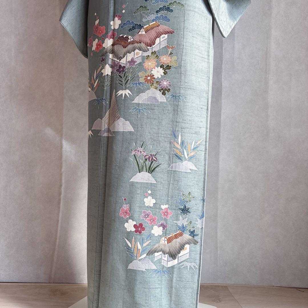 訪問着　フルセット　着物　正絹　紬　四季草花　風情　N1