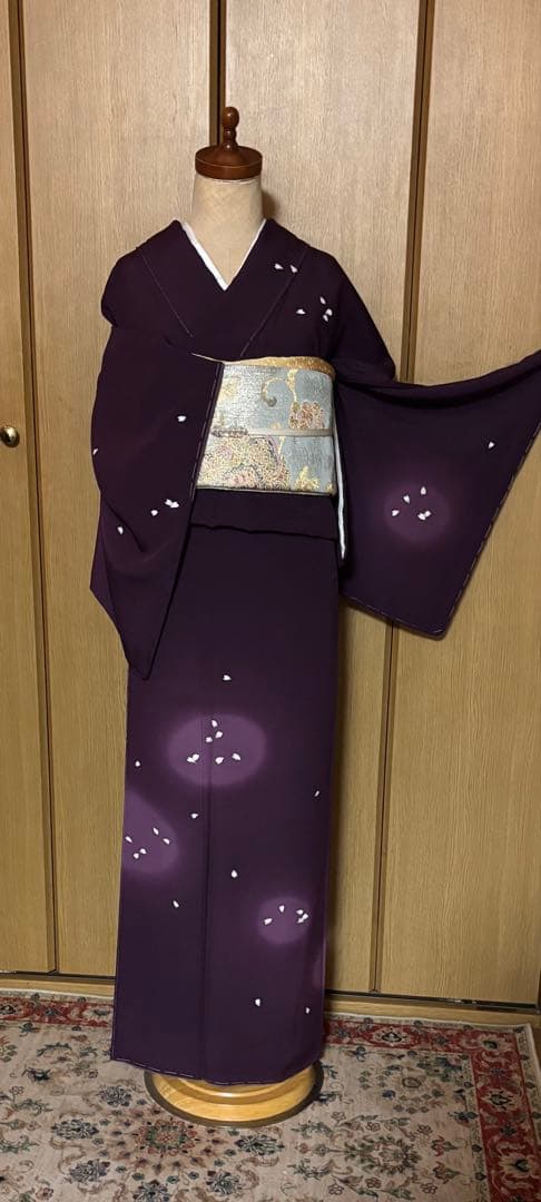 正絹縮緬　小桜、蛍暈し訪問着　 小豆紫【洛楽人工房】トール裄長 未使用　美品