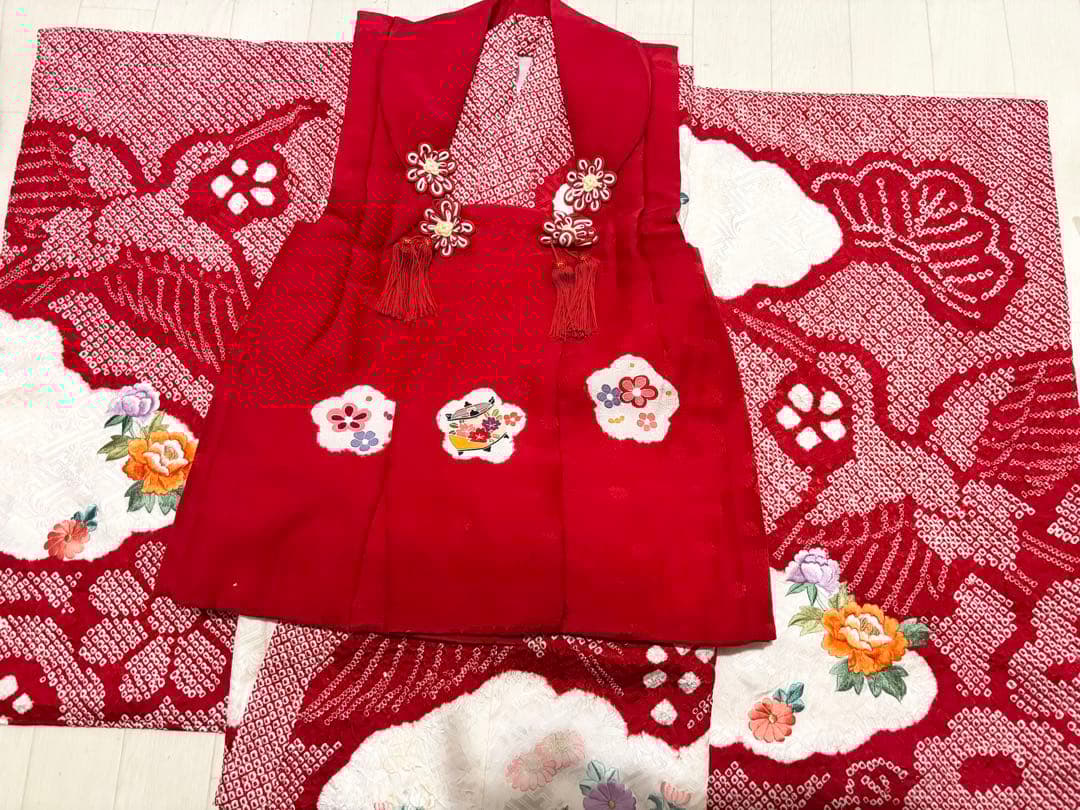 鶴　総絞り　正絹　七五三　３歳　被布　フルセット　一つ身