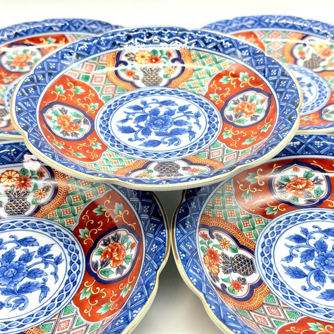 有田焼　明宝窯　中皿　5枚セット　金彩色絵　間取花紋　銘々皿　染錦　古伊万里意匠